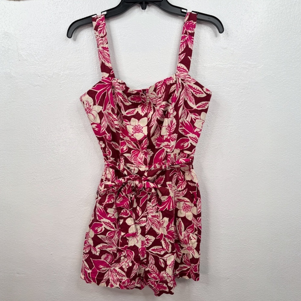 Belle Vere Anthro Romper Size 2 Tropical Floral Pink Burgundy Cream Belted
